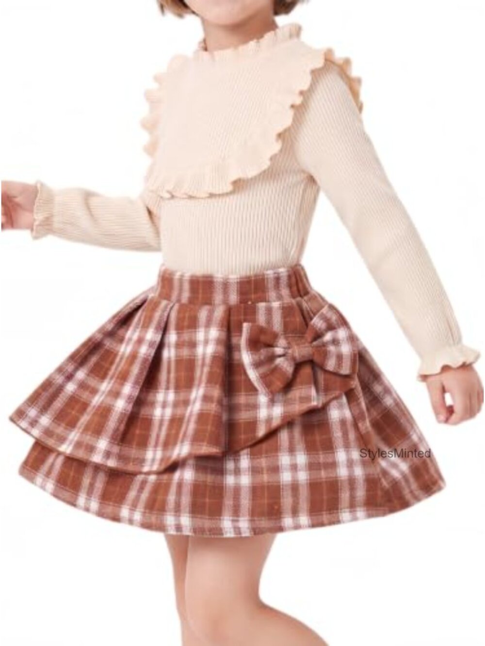 Girls 2pc Ruffled Skort Set Plaid Bow Blouse Fall Winter Outfit